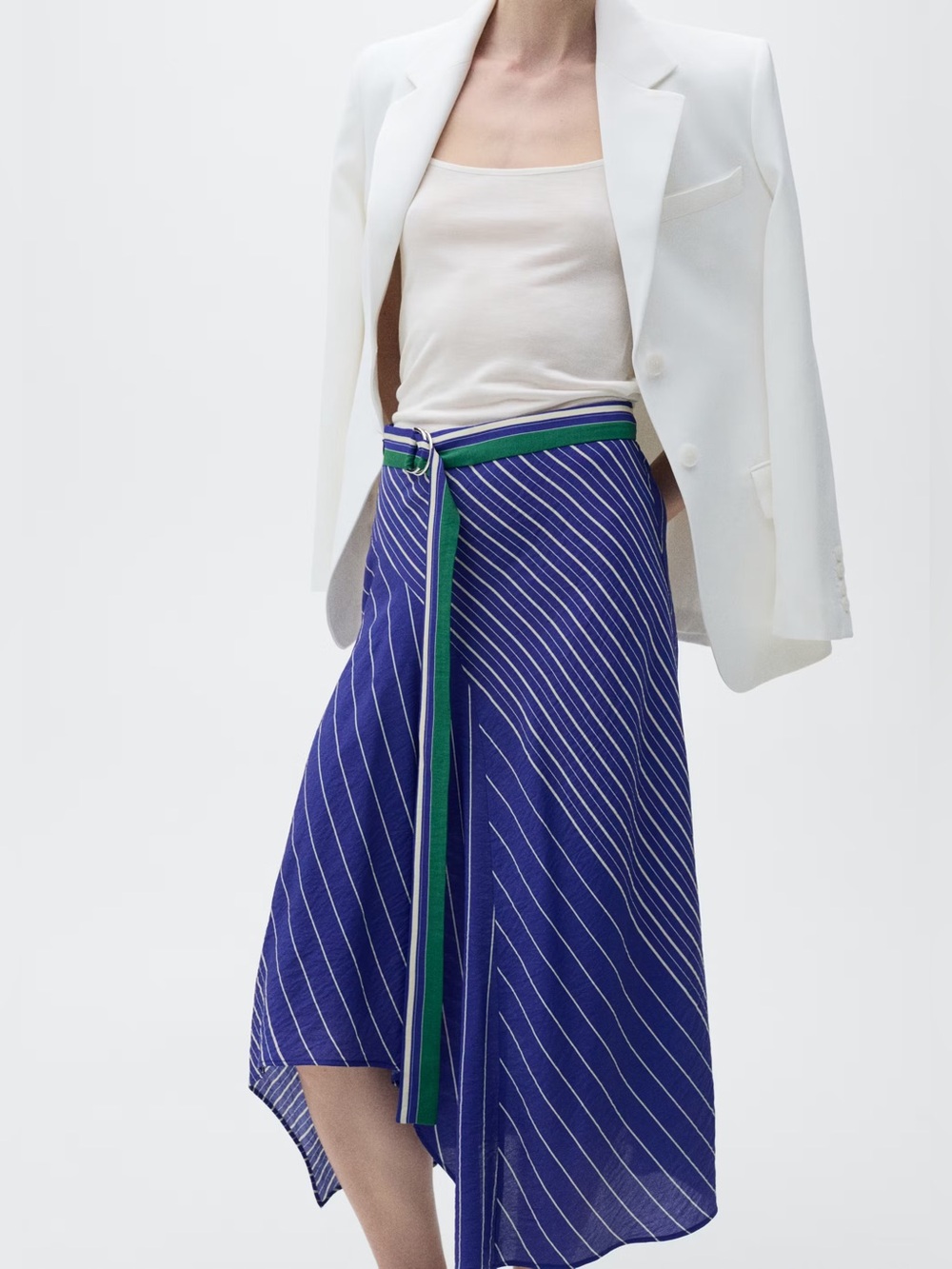 Mango Blue Striped midi-skirt with belt NWT